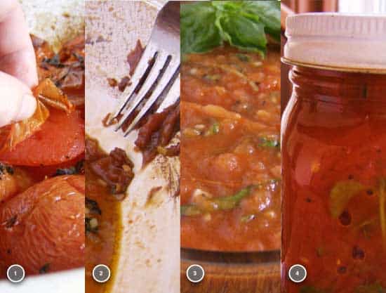 1) The skins easily peel away after roasting. 2) Snag a piece of tomato with a fork and rub it along the sides of the pan to release the fond into the pan juices. 3) Fresh basil leaves and a bit of fresh orange juice brighten all of the flavors and balance the deep taste of the roasted tomatoes. 4) Sauce will keep refrigerated for 5 days, frozen for 6 months, or can be canned according to your pressure canner's recommended time for tomato sauce. (Recipe is not suitable for water bath canning.)