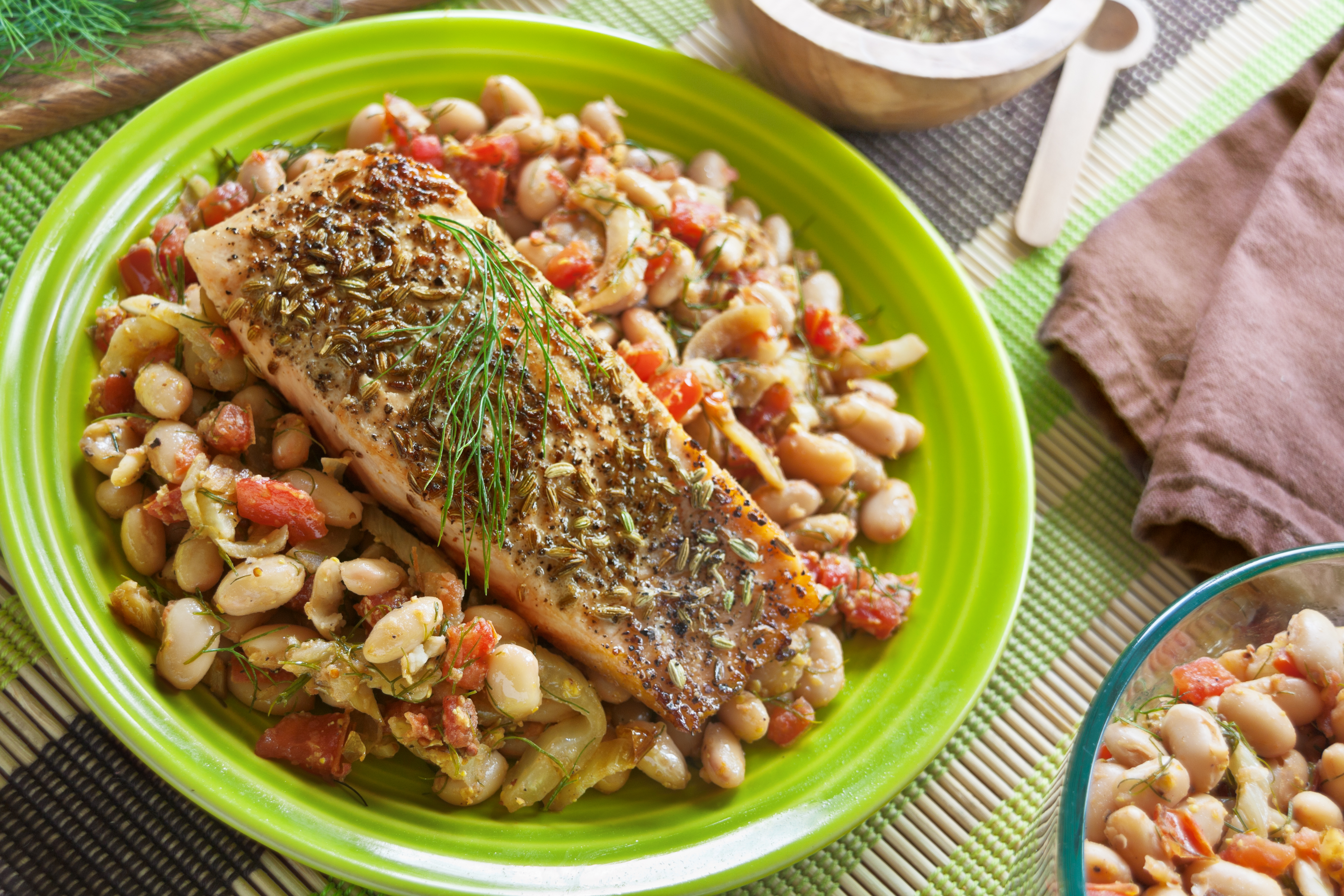 Fennel-Crusted Salmon on White Beans