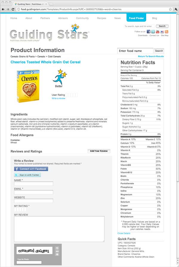 Food Finder (BETA) Product Information for Cheerios