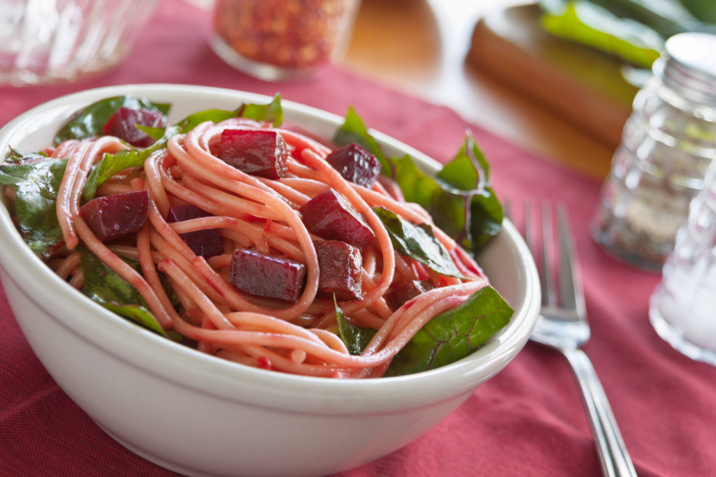 Spaghetti with Beets and Greens