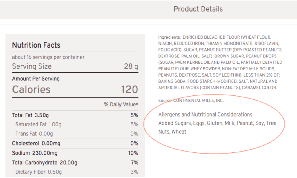 Samples of required allergens displayed on an ecommerce platform