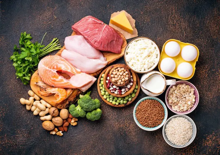 Selection of high-protein foods like meat and eggs