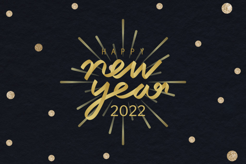 Happy New Year 2022 on a black background with gold sparkles