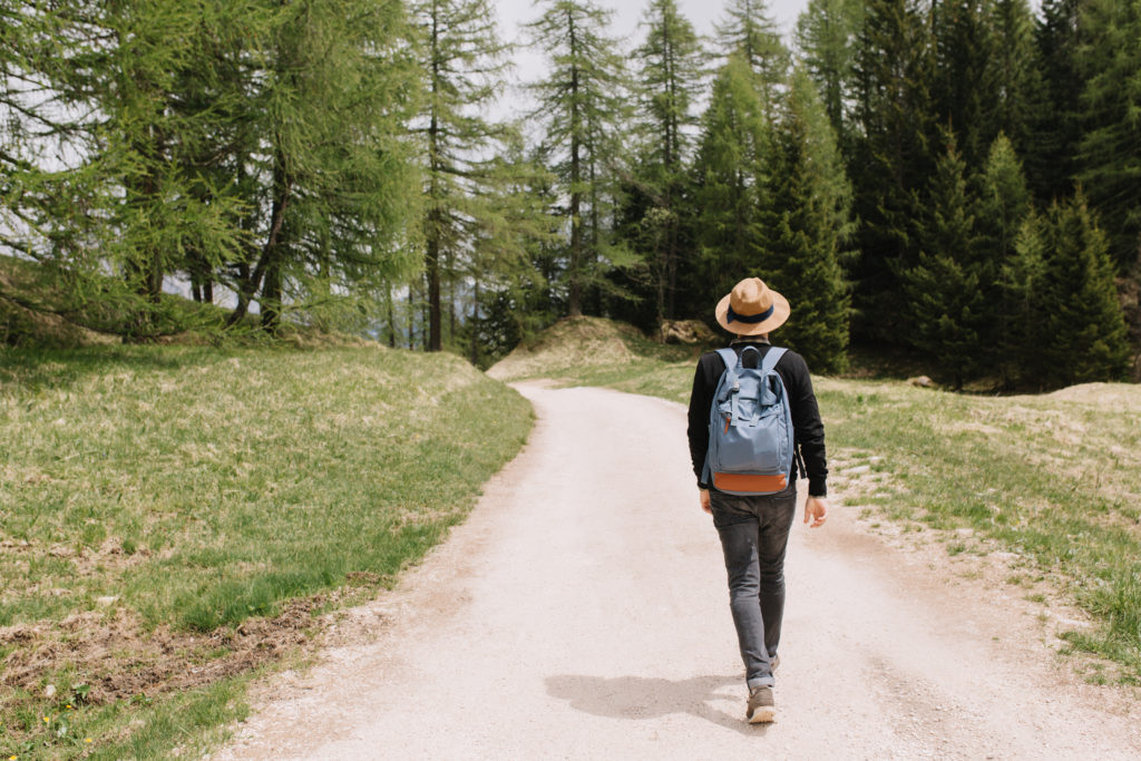 male traveler exploring summer forest