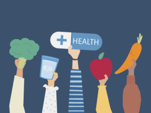 People holding health symbols illustration