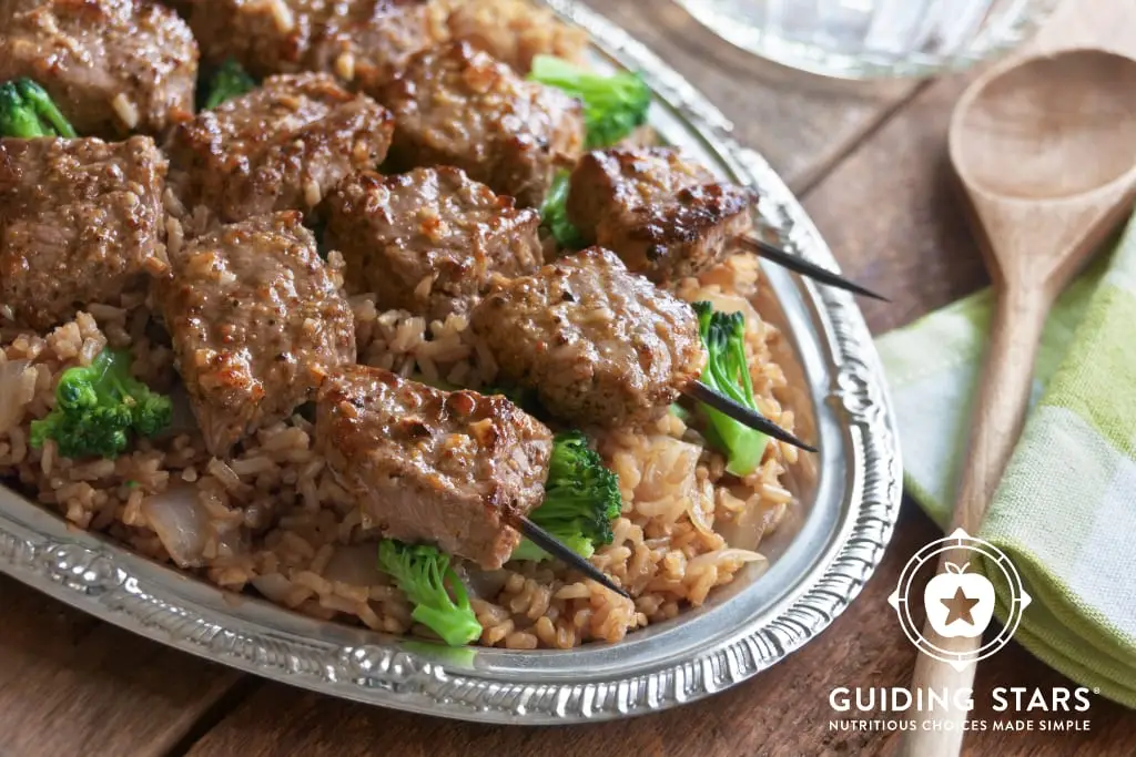 Beef Kebabs With Broccoli Pilaf