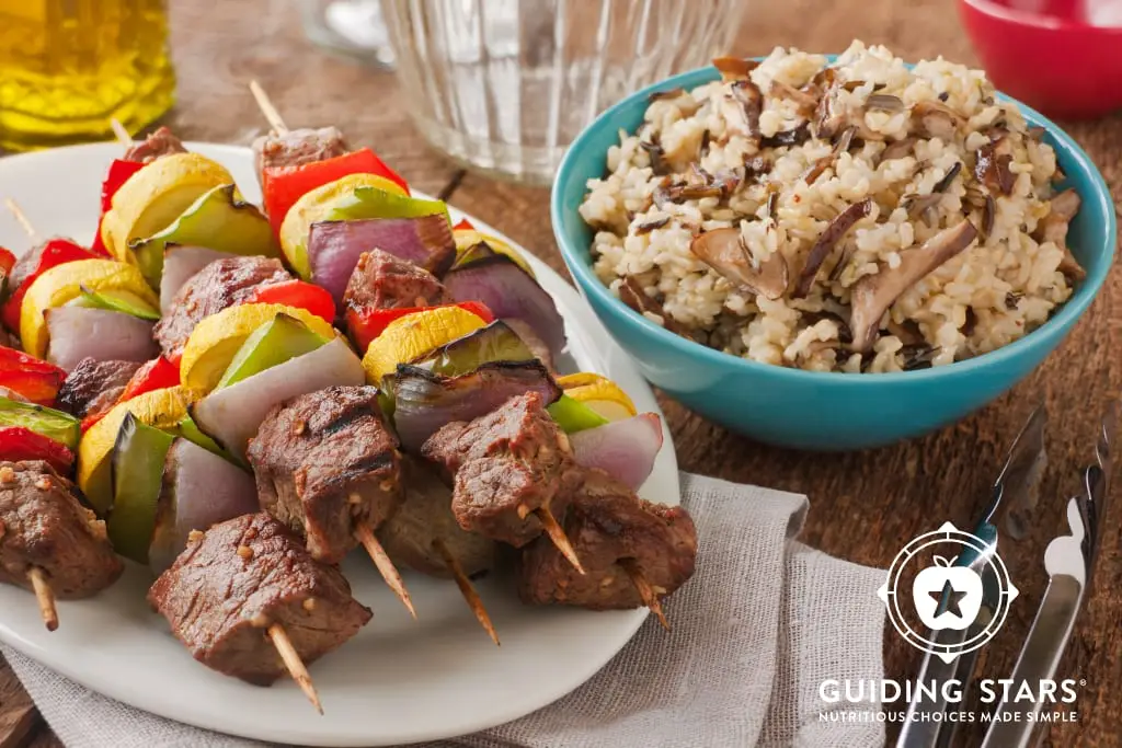 Guiding Stars Dijon Wine Steak Kabobs With Mushroom Rice