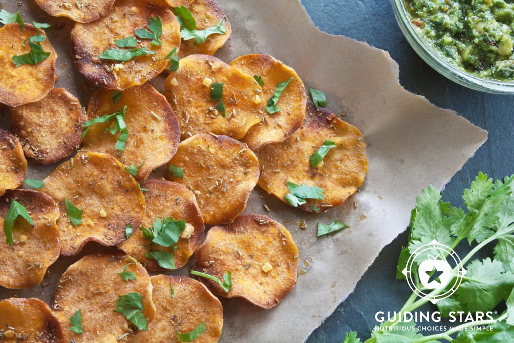 Garlic Rosemary Baked Sweet Potato Chips - Guiding Stars